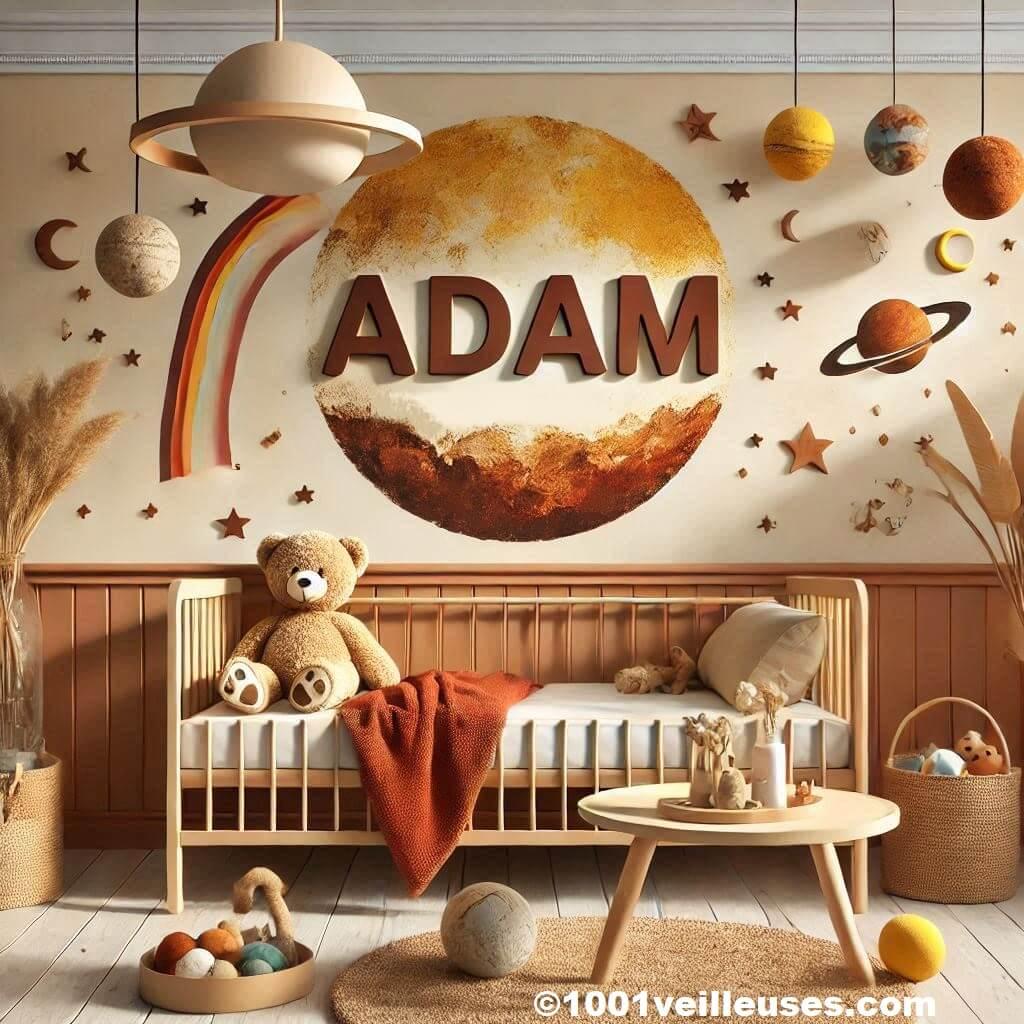 Une belle chambre de bebe garcon avec le prenom adam theme de la terre et des planetes aux couleurs orange jaune marron