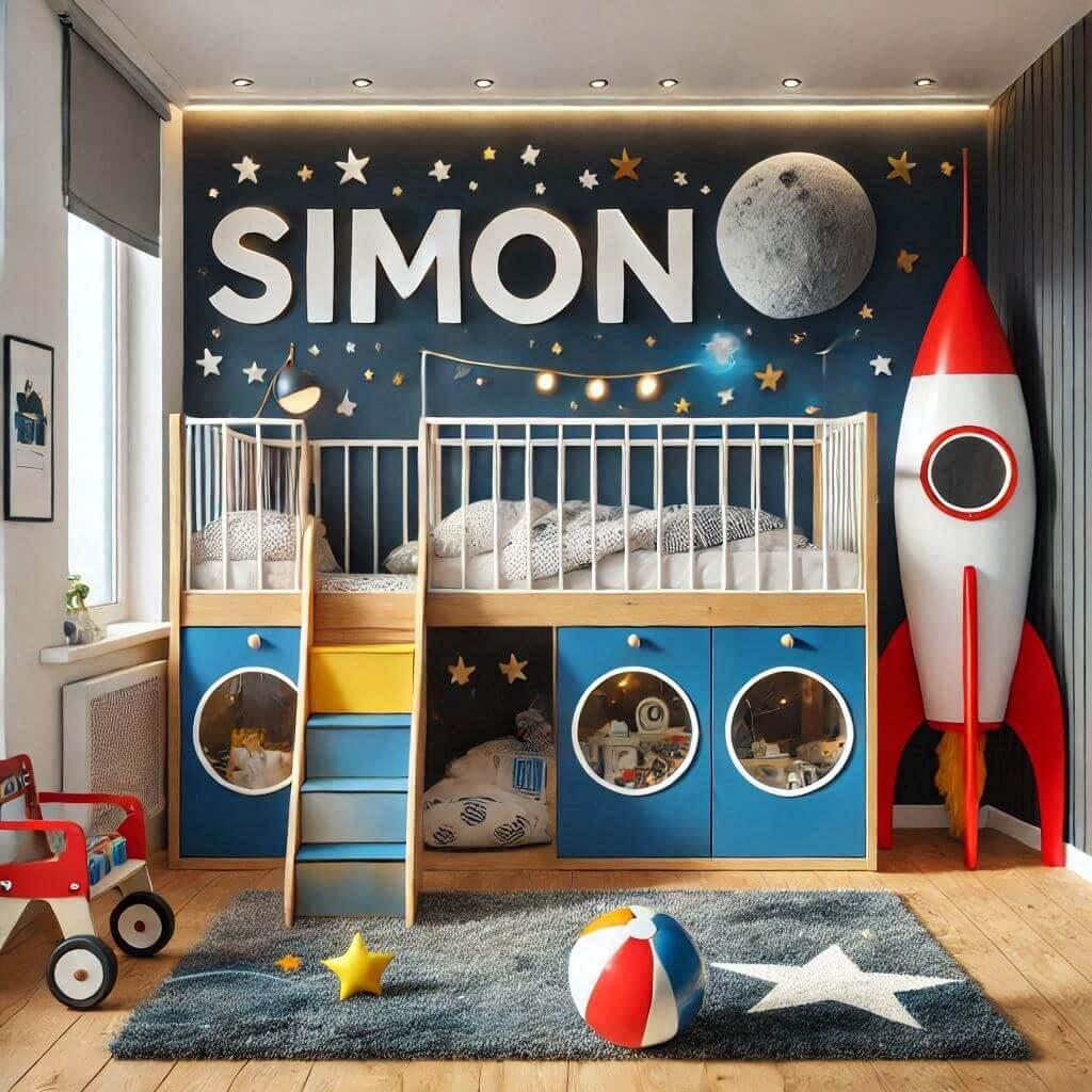 Belle chambre de petit garçon avec le prénom Simon theme espace et fusee