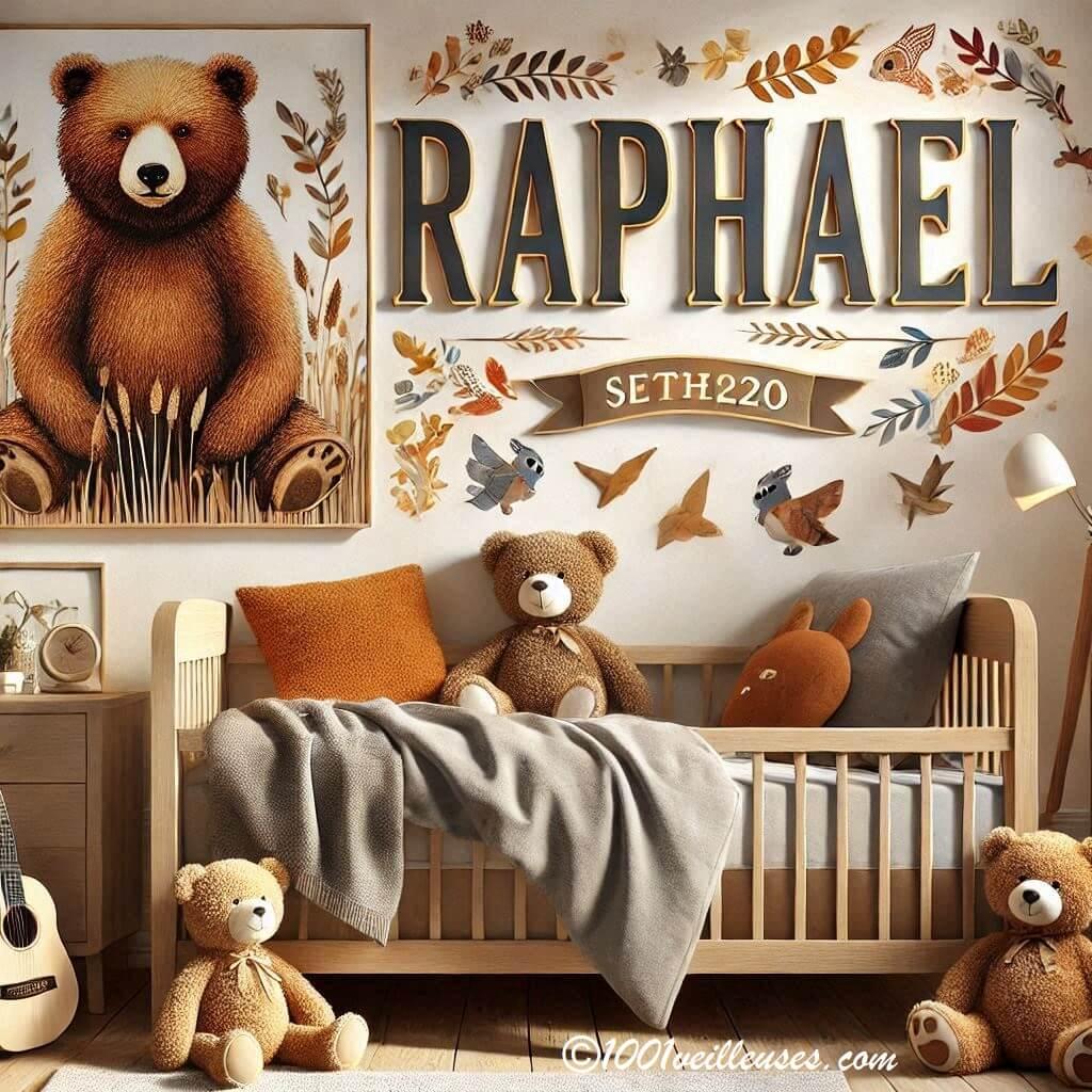 Realistic image of a boys room decoration with a bear theme warm colors with the name raphael 1