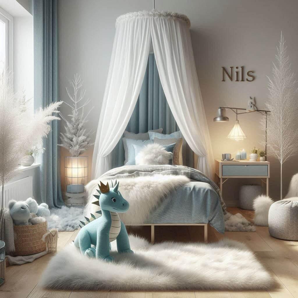 Realistic image of a boys room inspired by winter with a simple bed with a canopy cushions on the floor a fur rug a pastel blue dragon plush with a winter crown and the name nils i