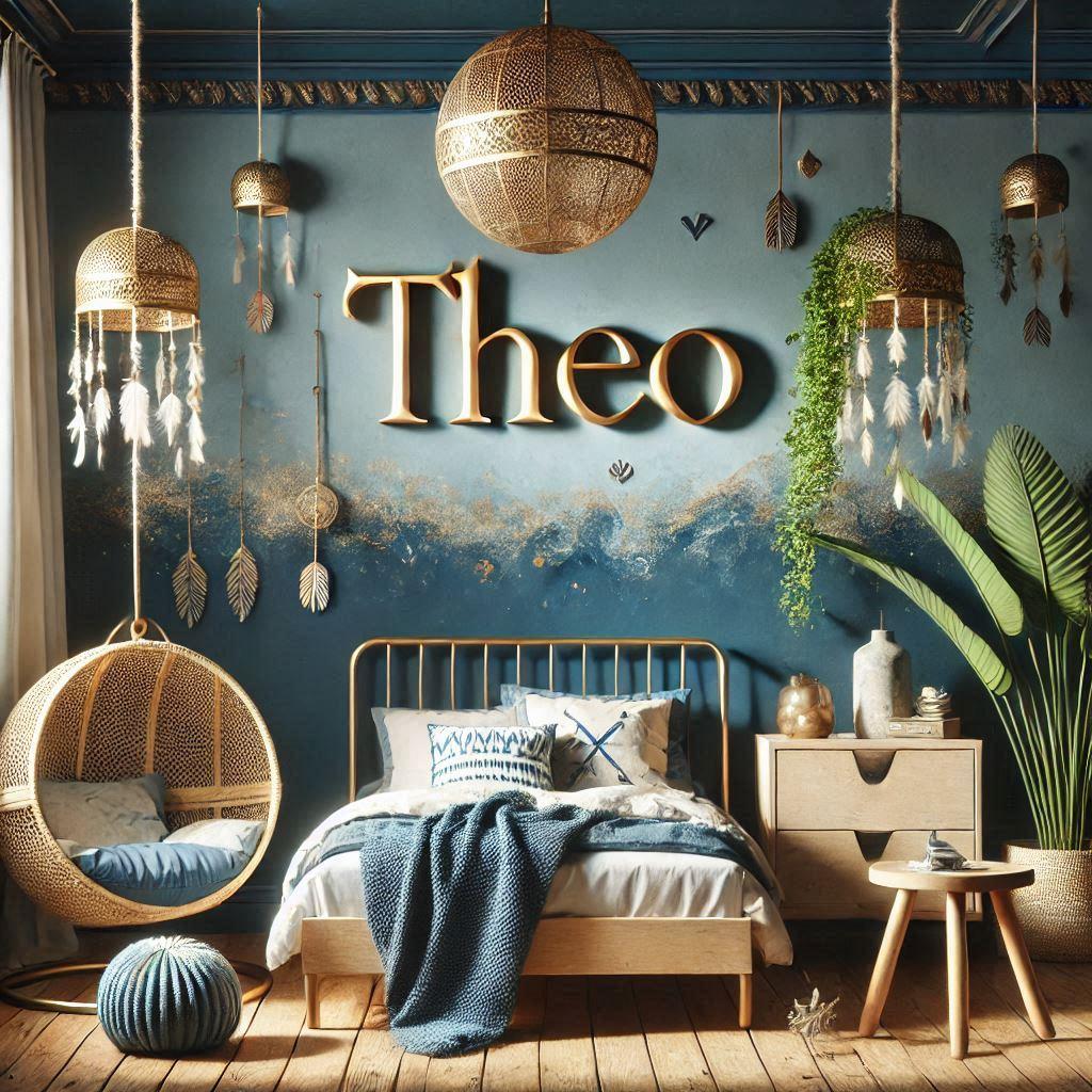 Realistic image of a boys room representing blue and gold symbolizing wisdom serenity and inner wealth in a boho theme with the name theo written on the wall as decoration