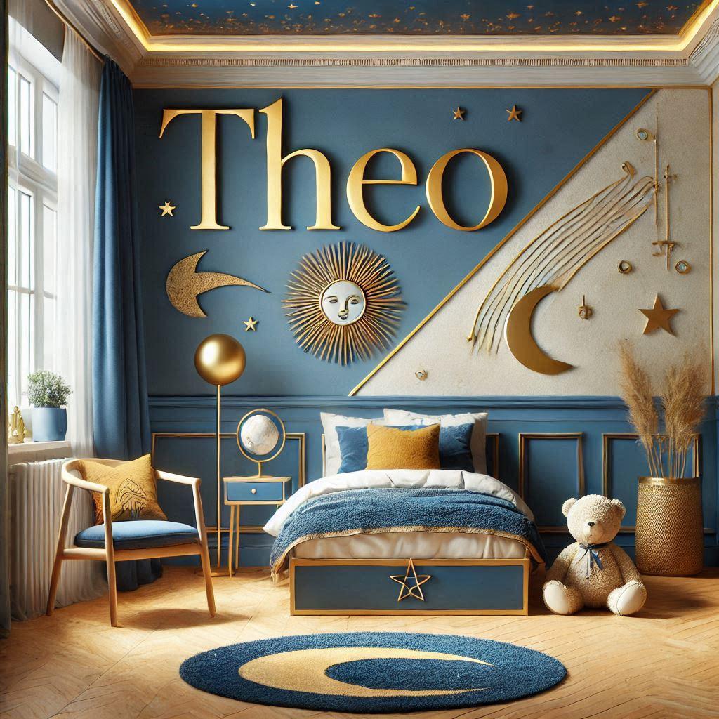 Realistic image of a boys room representing blue and gold symbolizing wisdom serenity and inner wealth with the name theo written on the wall as decoration