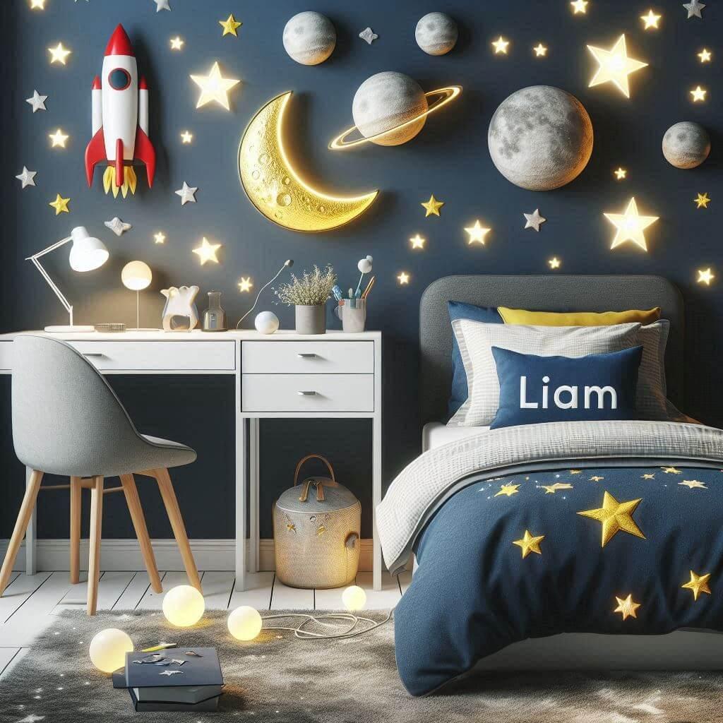 prenom liam, chambre de petit garçon, theme espace et galaxie