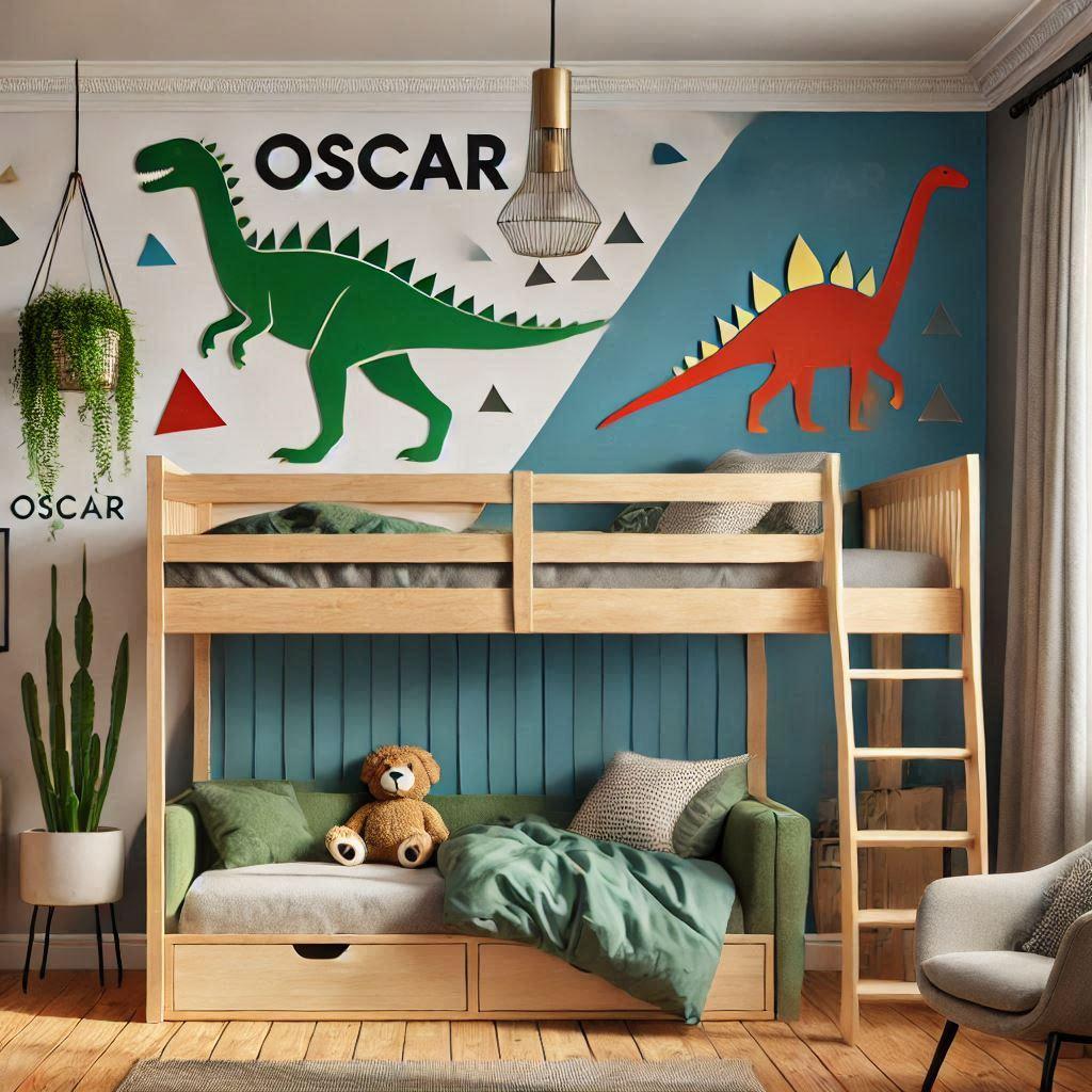 Belle decoration de chambre avec le prenom Oscar, theme dinosaure