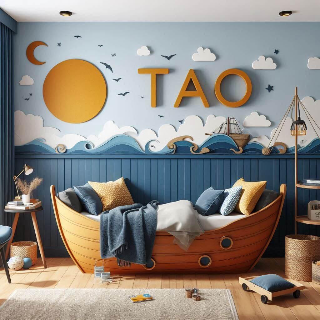 chambre enfant theme de la mer, avec lit bateau, prenom Tao