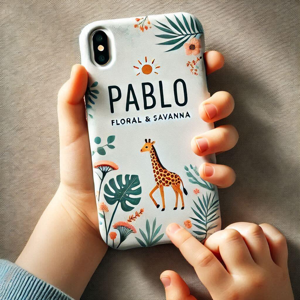 Realistic image of a childs phone case named pablo with a floral and savanna theme in the hands of a child