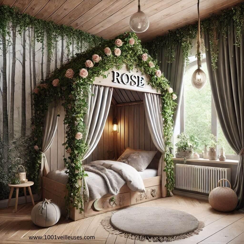 Belle chambre de petite fille prénom Rose, lit cabane avec du bois naturel et du lierre