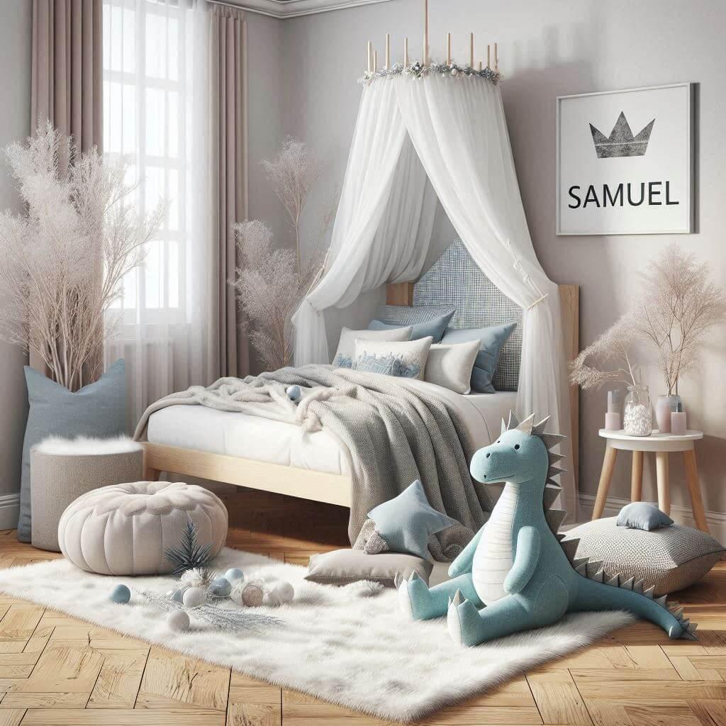 Chambre d'enfant hivernale avec lit simple, coussins au sol, dragon en peluche pastel et couronne d'hiver, prénom 'Samuel