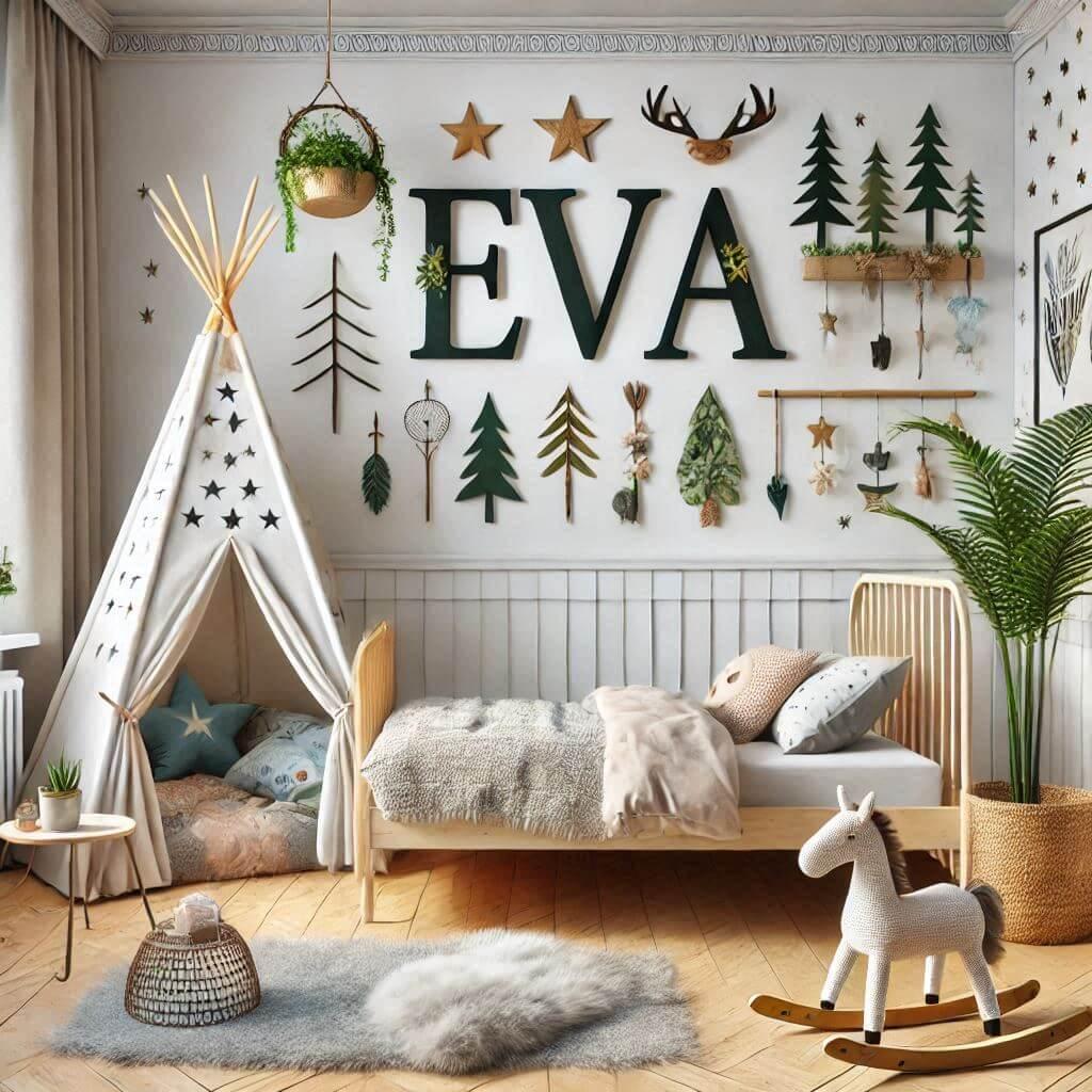 chambre bebe fille avec le prénom Eva, avec un lit et un tipi, theme savane