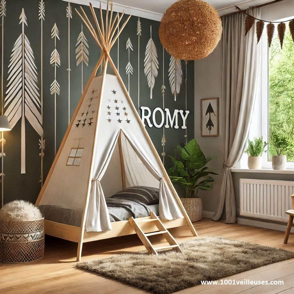 decoration chambre enfant tipi indien, bleu nuit et taupe