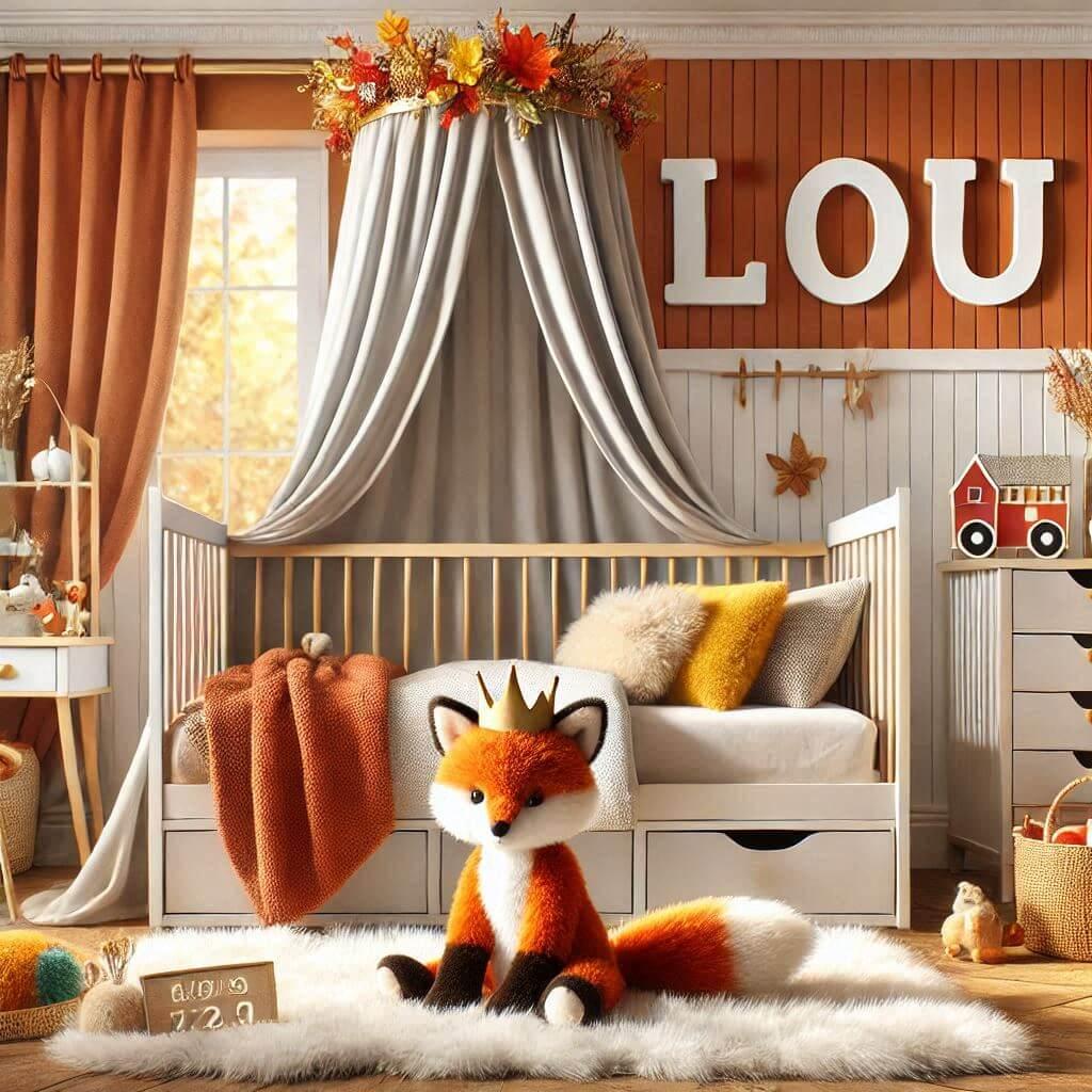 Realistic image of a childs room with an autumn theme personalized elements with the name lou fur rugs a bed with drawers a canopy bed colors orange yellow brown red green with a f