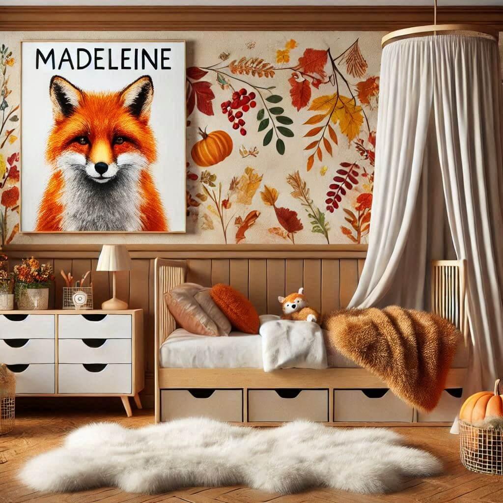 jolie chambre de petite fille avec le prenom madeleine, theme renard