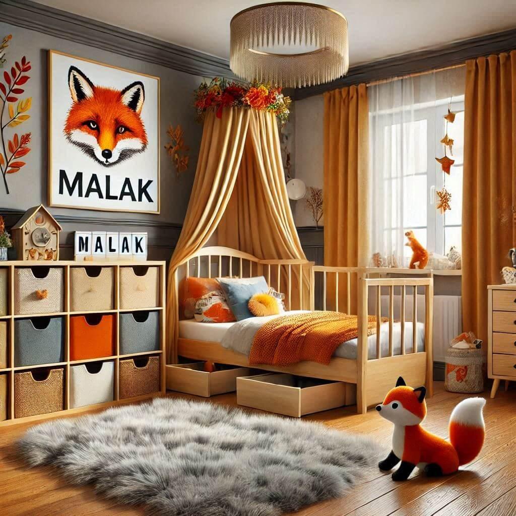 chambre de petite fille sur le theme des renards avec le prenom malak