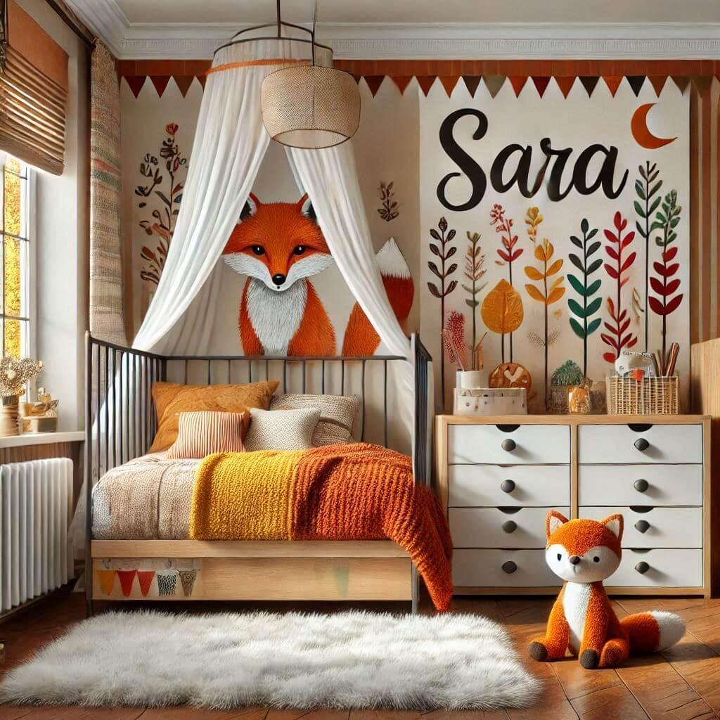 chambre de petite fille sur le theme des renards avec le prenom sara