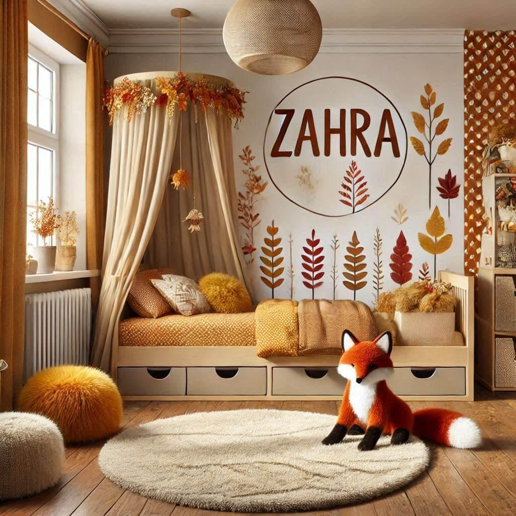 Prénom Zahra : chambre d'enfant à thème automnal , tapis en fourrure, lit avec tiroirs, lit à baldaquin et couleurs orange, jaune, marron, rouge et vert, décorée avec un renard