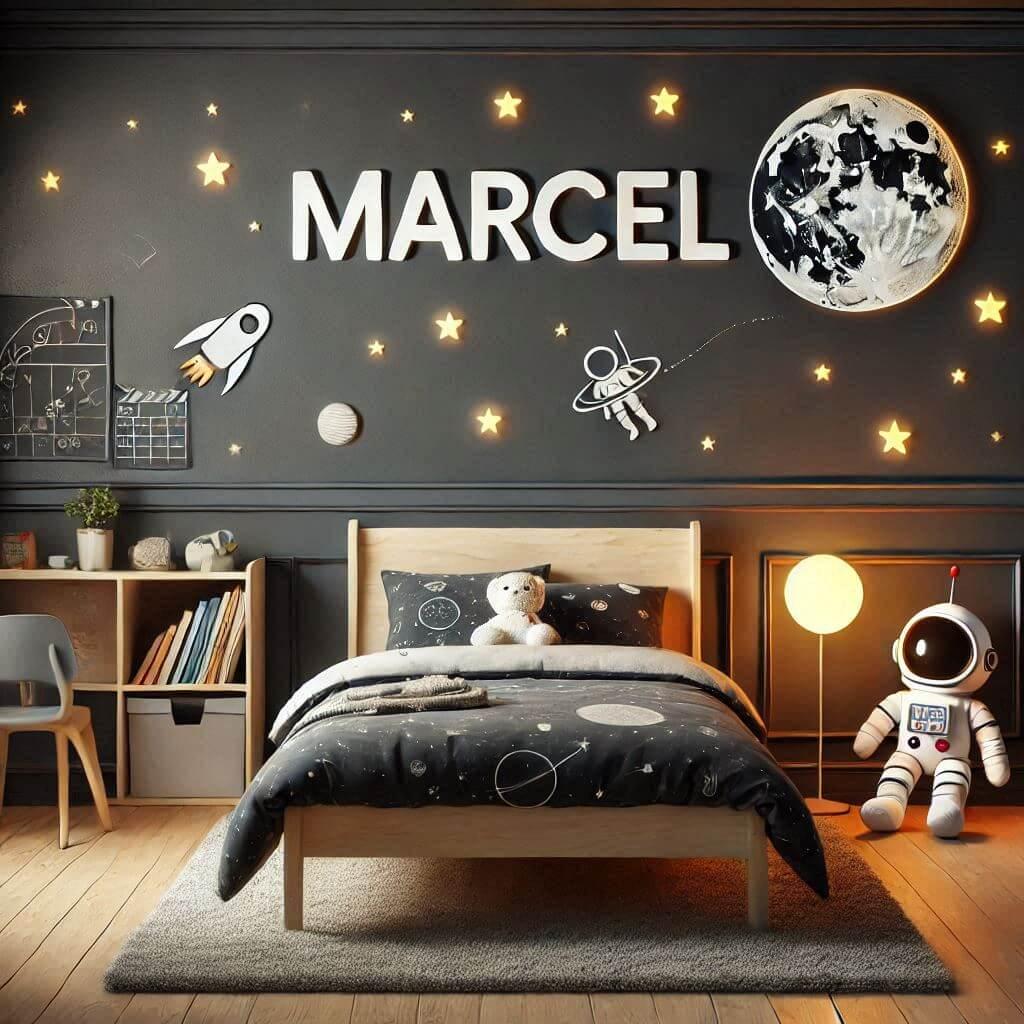 chambre enfant theme de l espace, prenom marcel