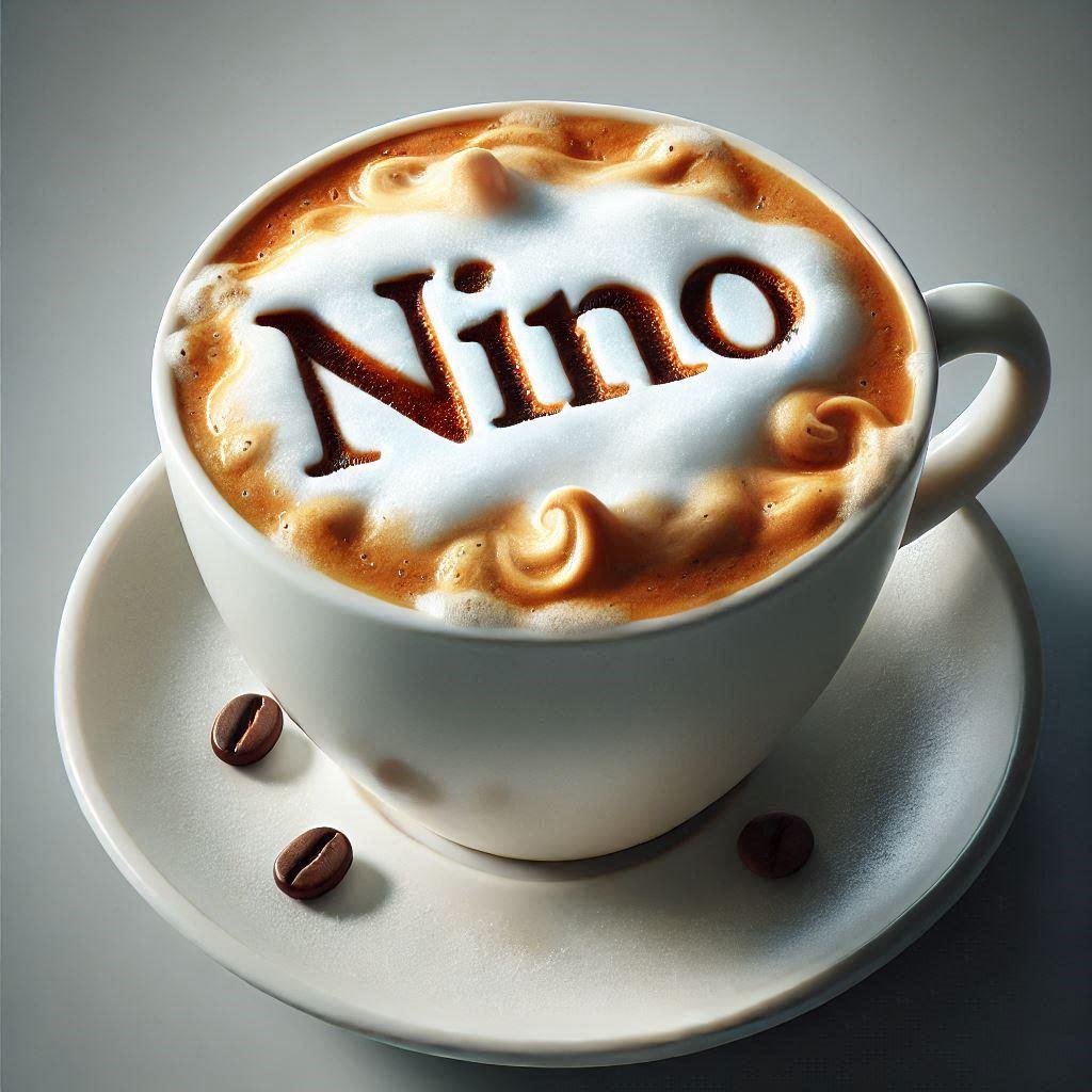 Realistic image of a coffee cup with the name nino written in foam