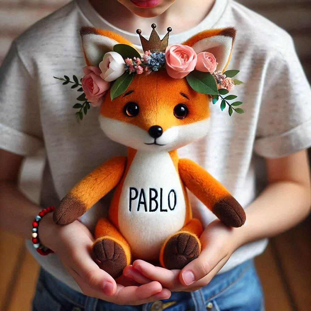 Realistic image of a customized plush fox with a flower crown named pablo in the hands of a young boy 1