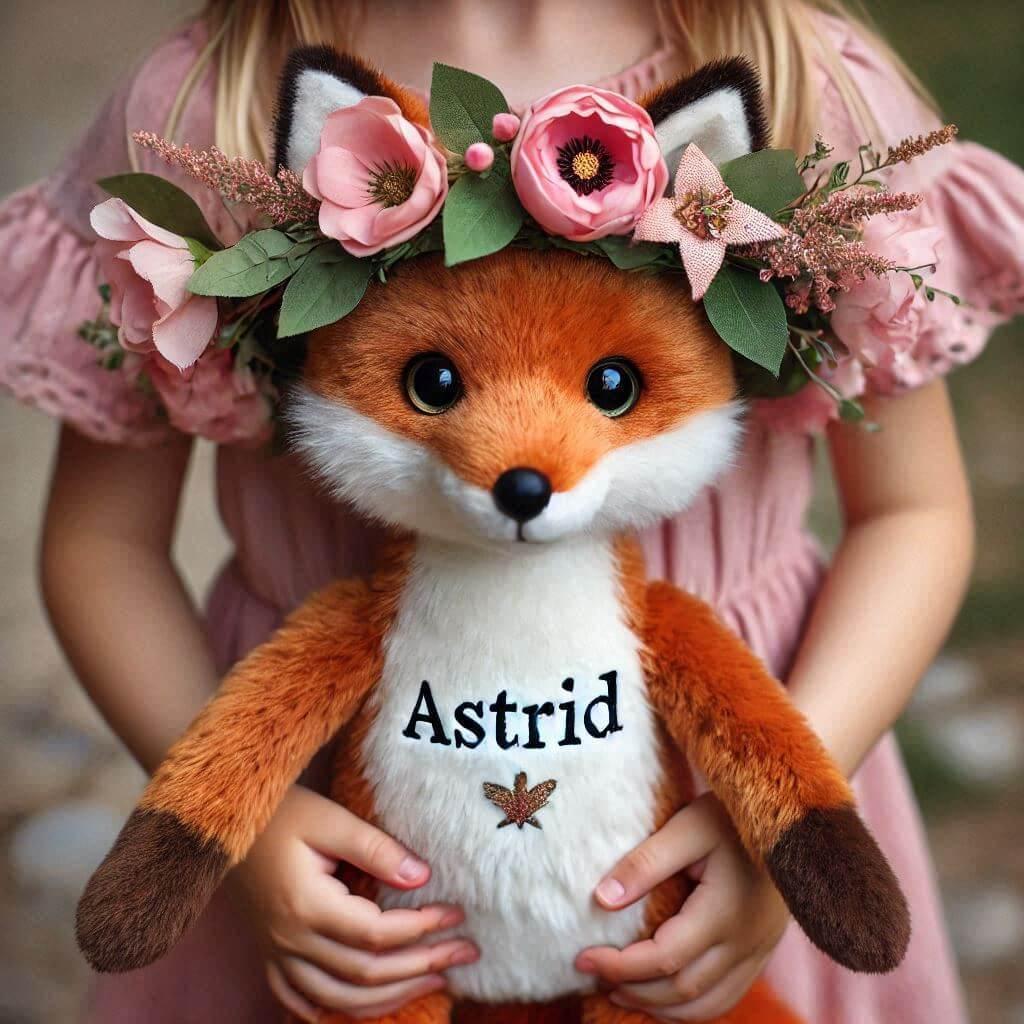 Realistic image of a fox plush with a personalized flower crown with the name astrid in the hands of a little girl