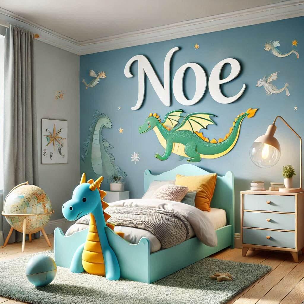 belle chambre de petit garçon, theme dragon, prénom Noé