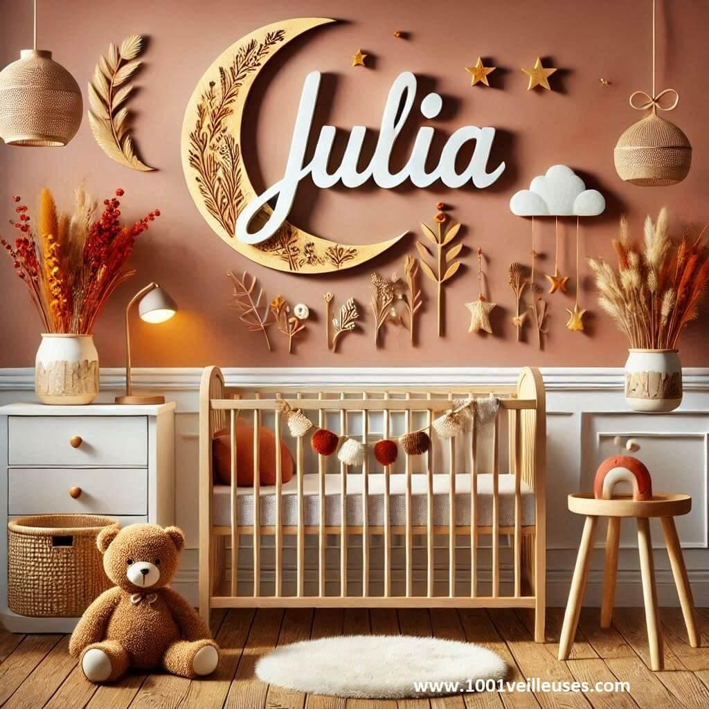 décoration d'une chambre de bébé pour une fille avec le prénom Julia, thème de la Terre, couleurs chaudes comme le rouge, le brun et le jaune