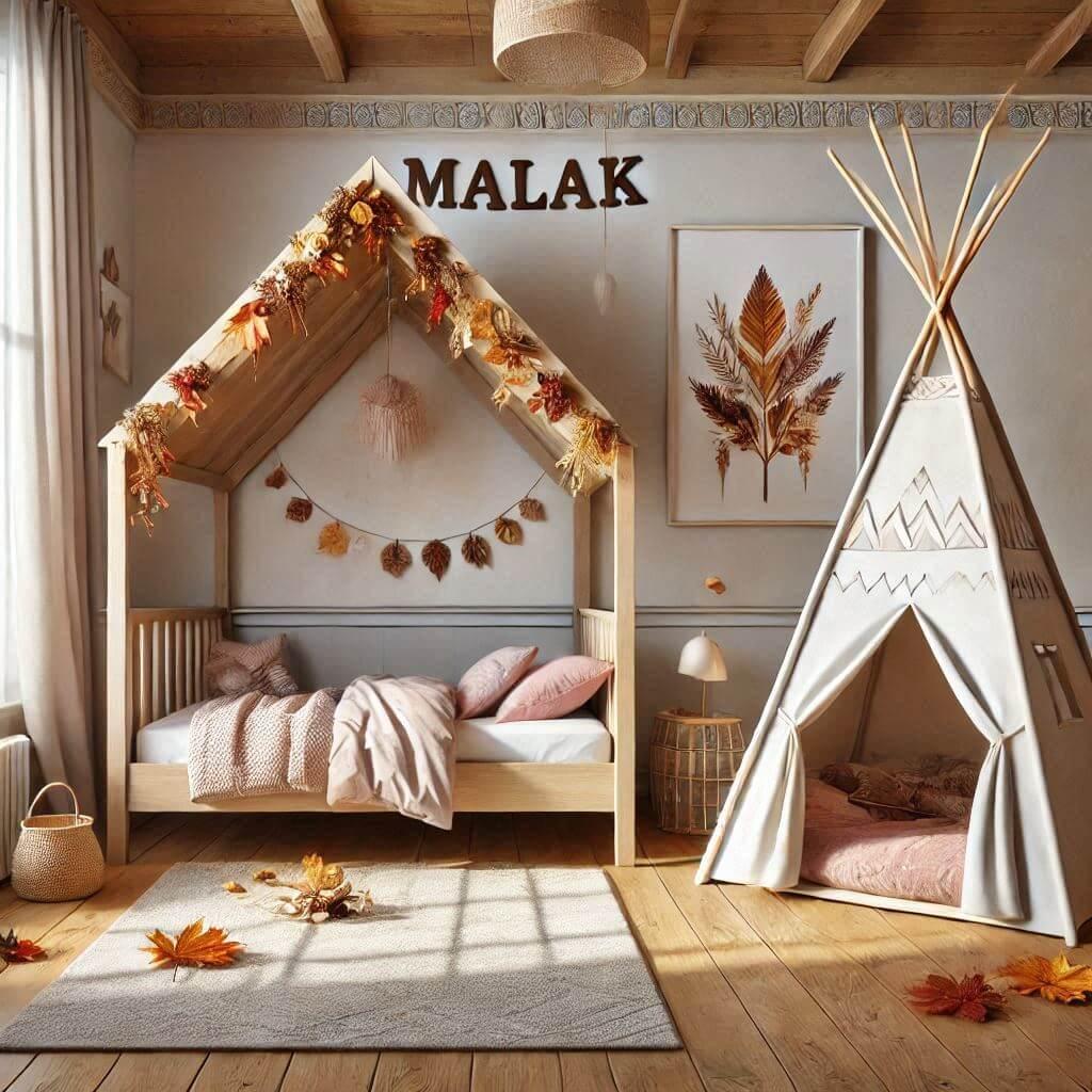 belle chambre d'enfant, theme automne, avec le prénom malak, lit cabane et tipi