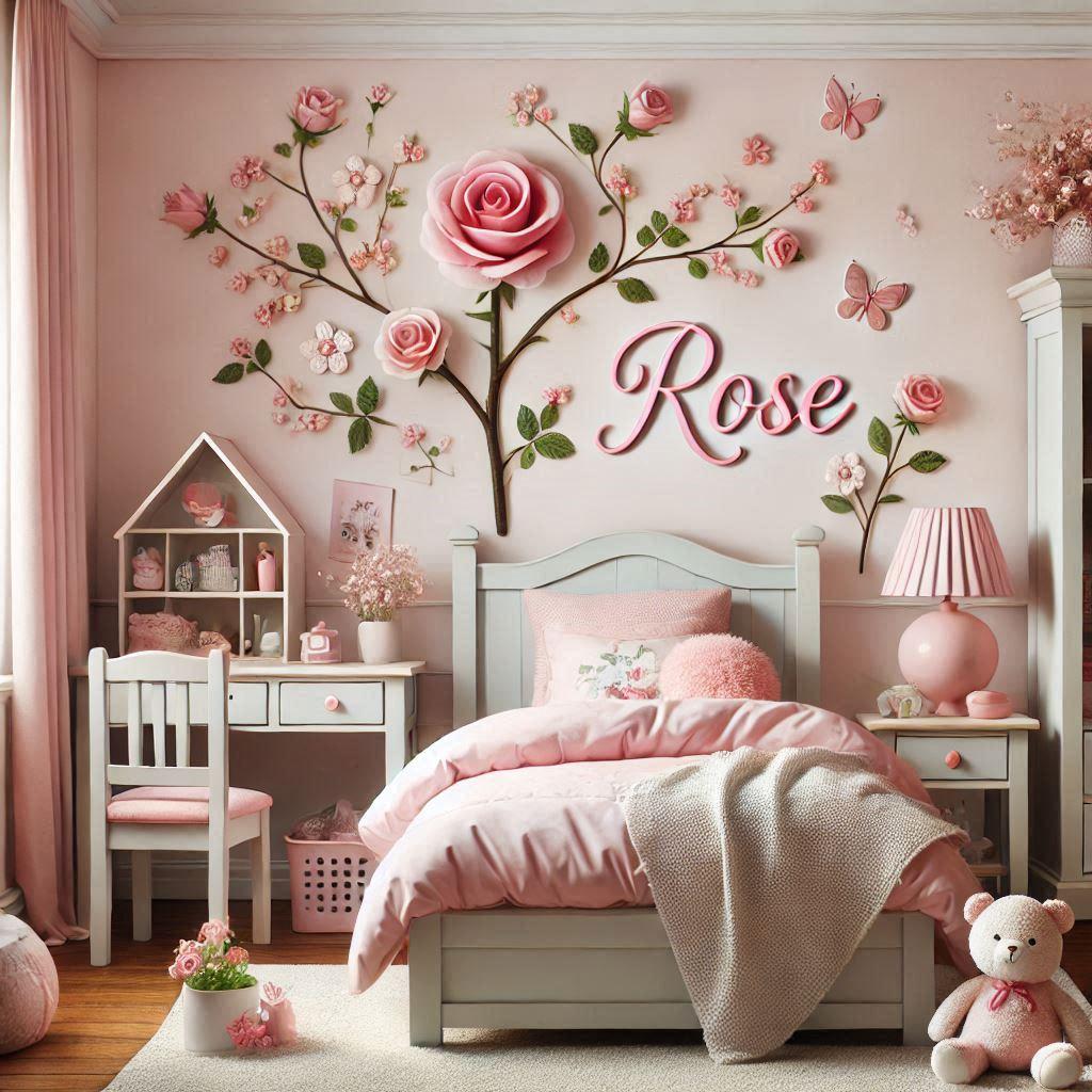 Realistic image of a girls room with a spring theme with the name rose written on the wall as decoration