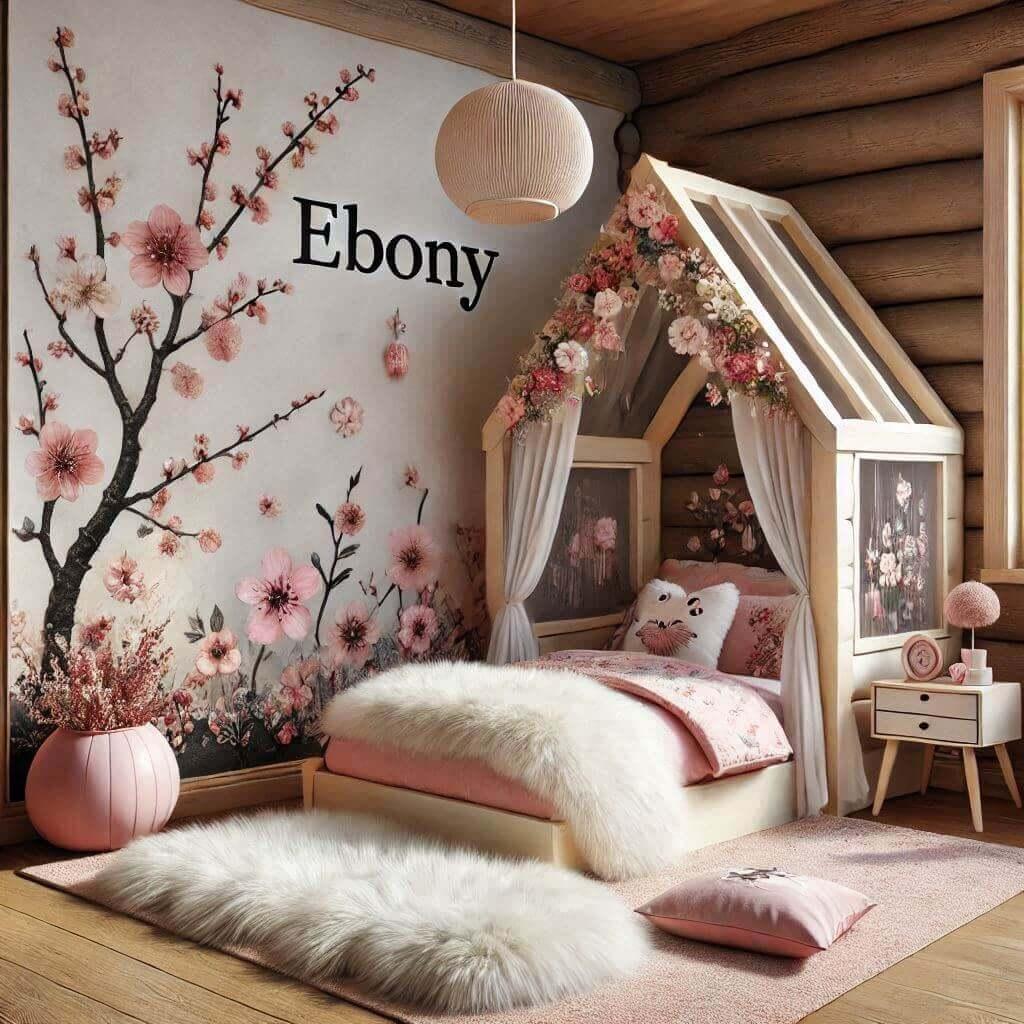 Realistic image of a little girls room with a cherry blossom tapestry theme personalized elements fur rugs a cabin shaped bed with flower cushions and the name ebony written 1