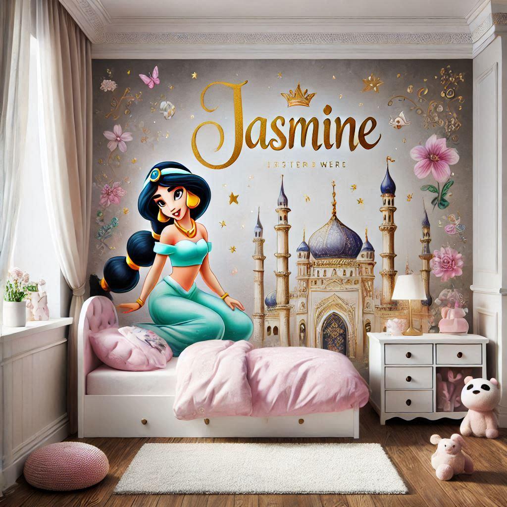 Realistic image of a little girls room with a princess theme with the name jasmine written on the wall as decoration