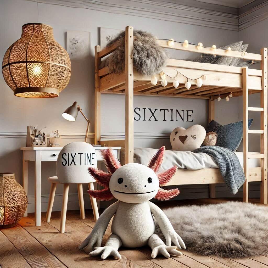 chambre de petite fille, prenom sixtine, theme de la mer avec un lit superposé et une peluche axolotl