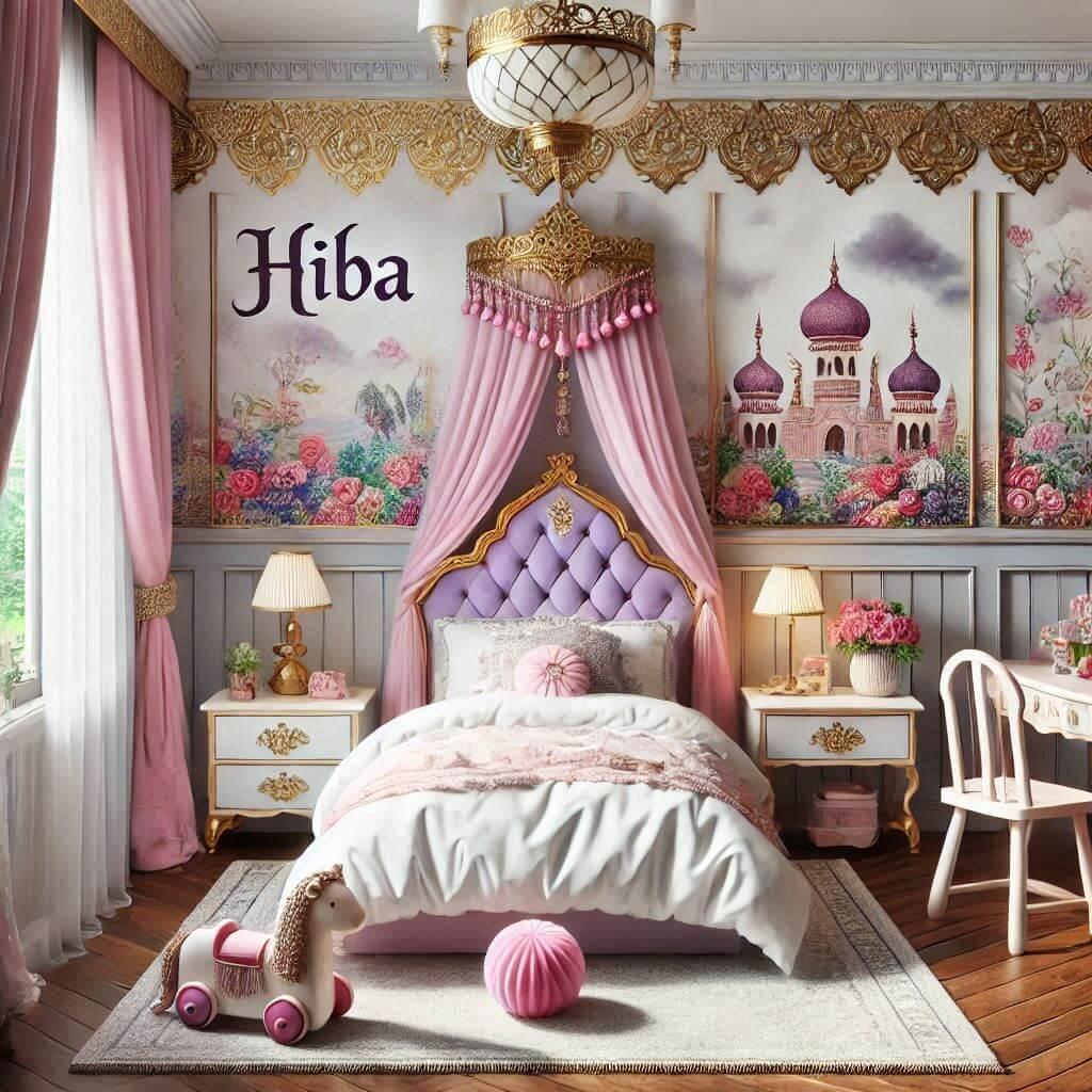 magnifique chambre pour fille, theme oriental, nuance de violet, prenom Hiba