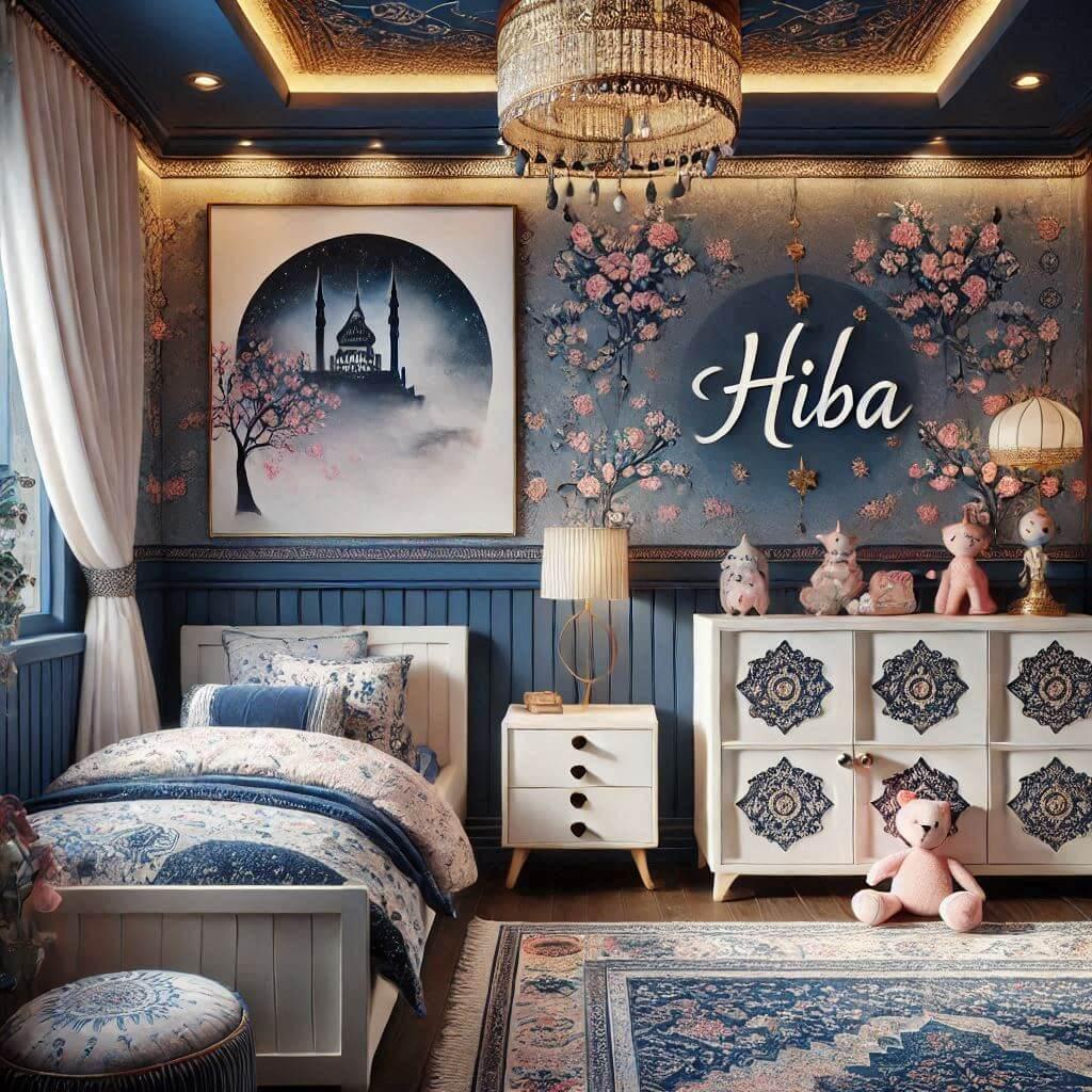 belle decoration de chambre theme oriental bleu nuit, petite fille, prenom Hiba