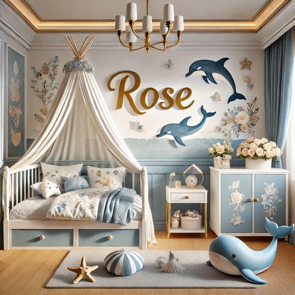 Realistic image of a lovely little girls room with the name rose themed with seashells dolphins and whales in blue white and gold colors with a cabin bed