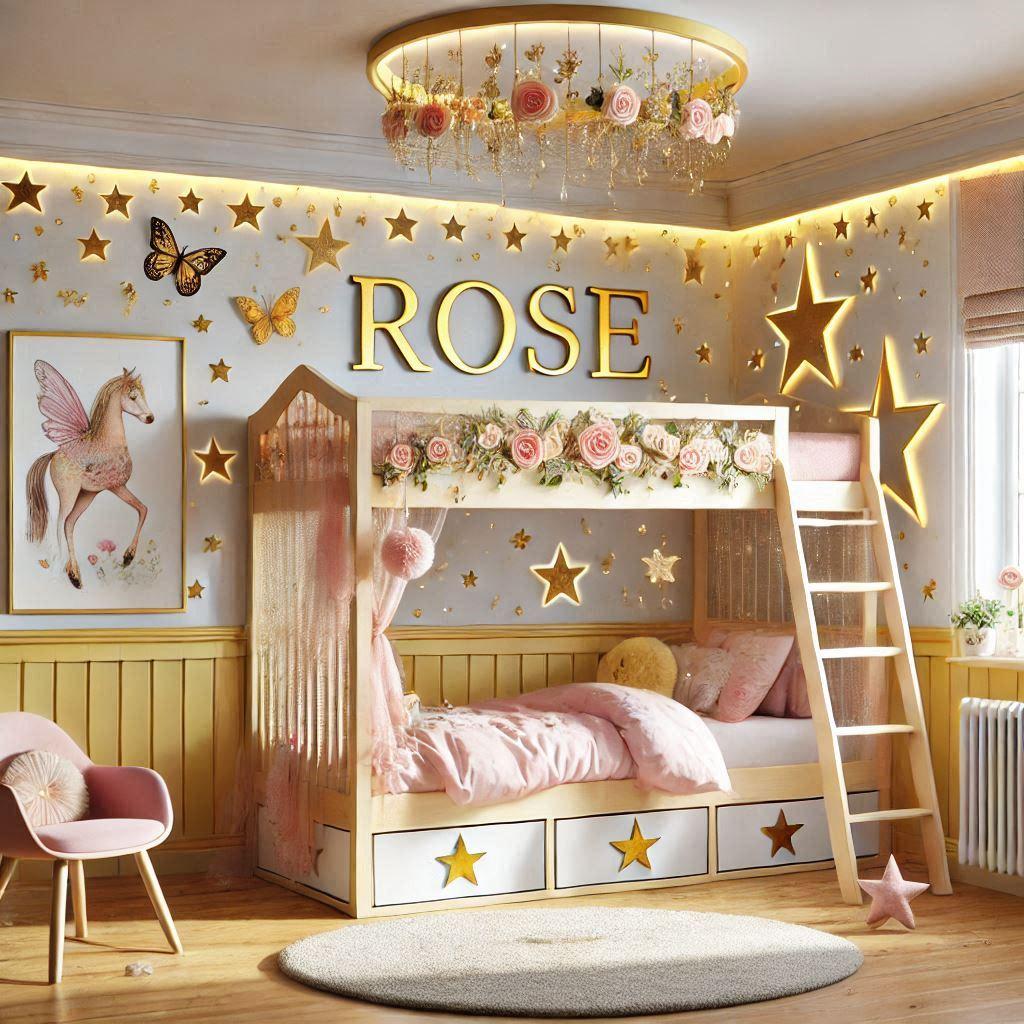 Realistic image of a lovely little girls room with the name rose themed with stars fairies butterflies in yellow pink and gold colors with a cabin bed