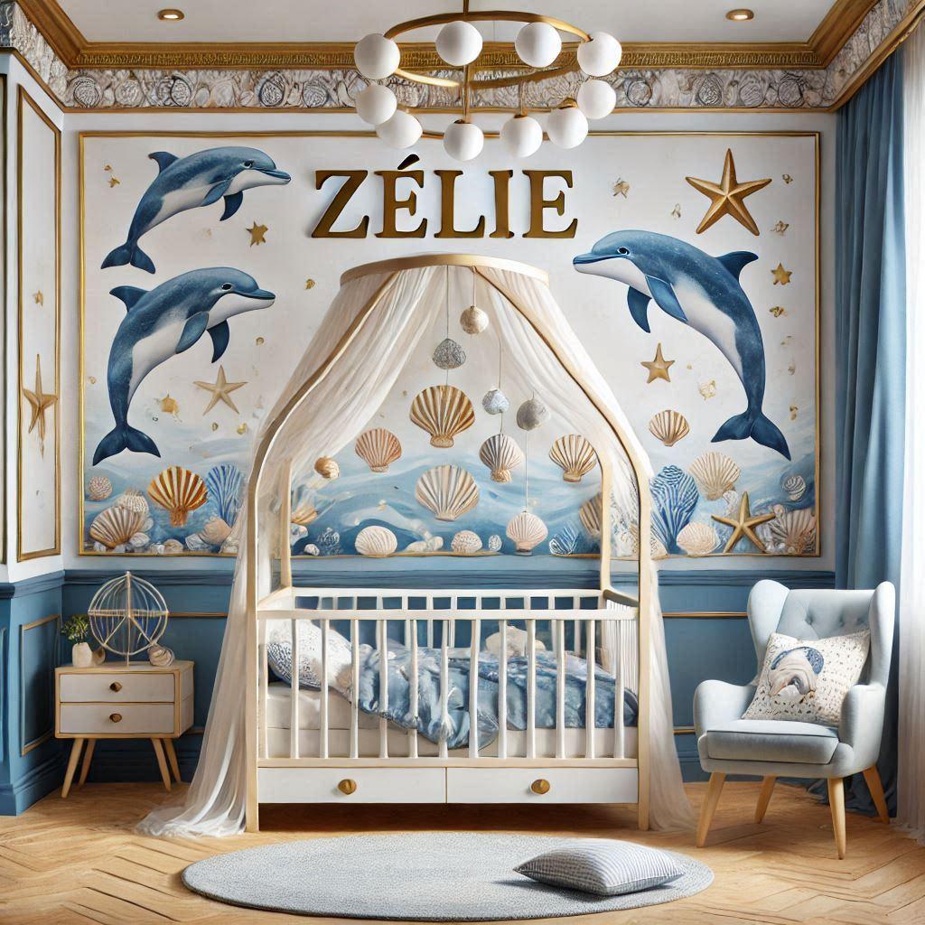 Realistic image of a lovely little girls room with the name zelie themed with seashells dolphins and whales in blue white and gold colors with a cabin bed