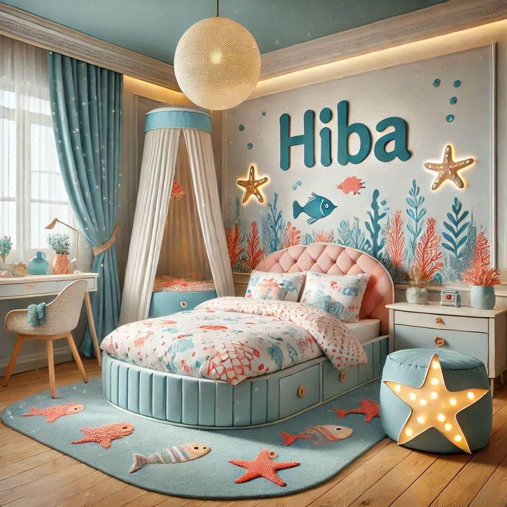 idee de decoration chambre enfant, theme de la mer et des sirenes, prenom hiba