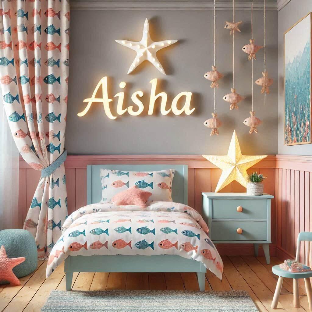 chambre enfant fille theme de la mer et des sirenes, prenom aisha