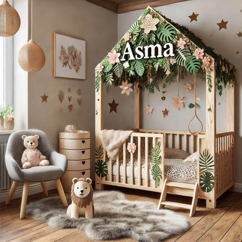 jolie chambre de bebe fille avec le prenom asma sur le theme safari avec un lit cabane