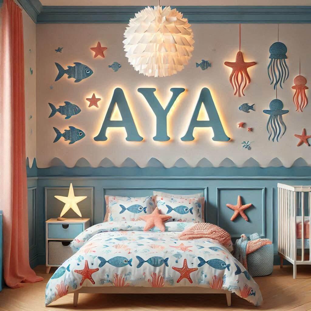 Realistic image of a personalized baby girls room with the name aya written in french sea theme light blue and coral colors fish patterned sheets fish curtains starfish lamp turned