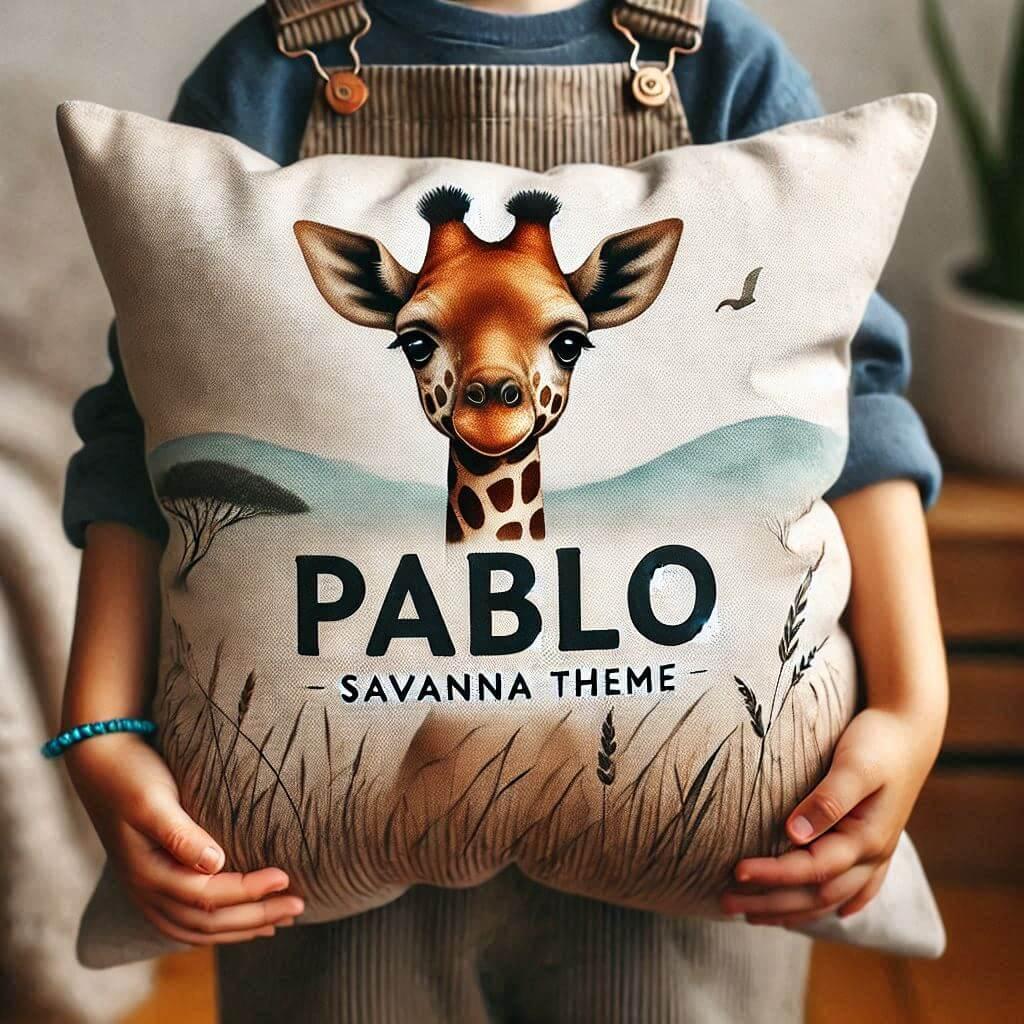 Realistic image of a personalized childs pillow named pablo savanna theme in the hands of a child 1