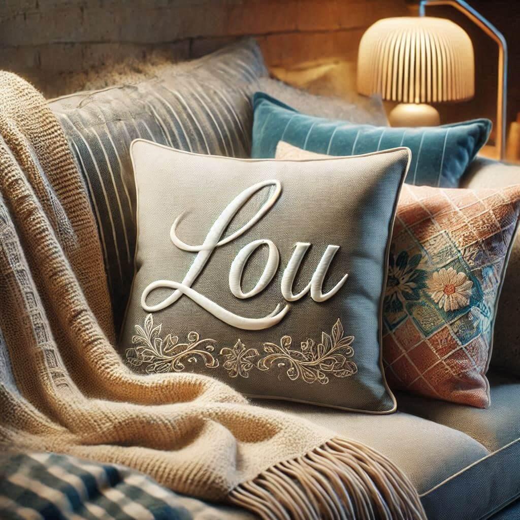 Realistic image of a personalized cushion with the name lou