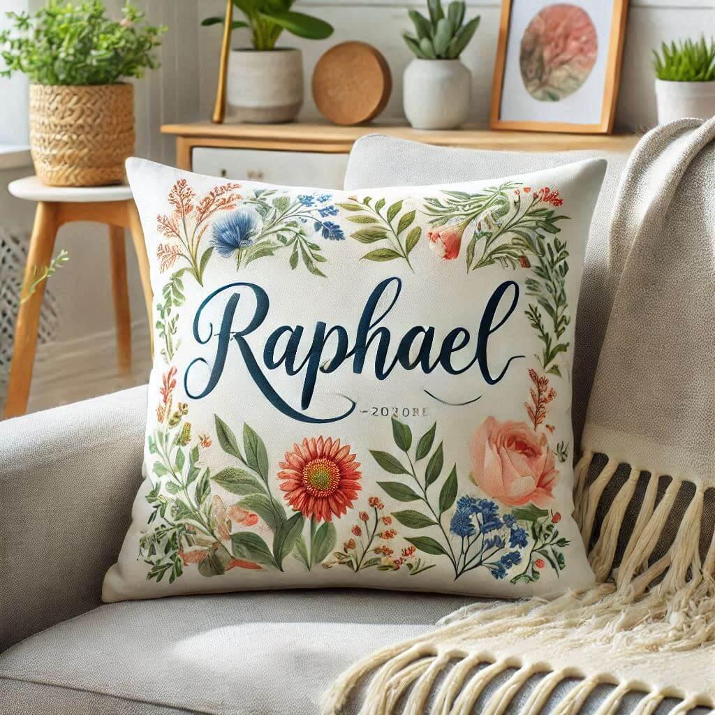 Realistic image of a personalized cushion with the name raphael