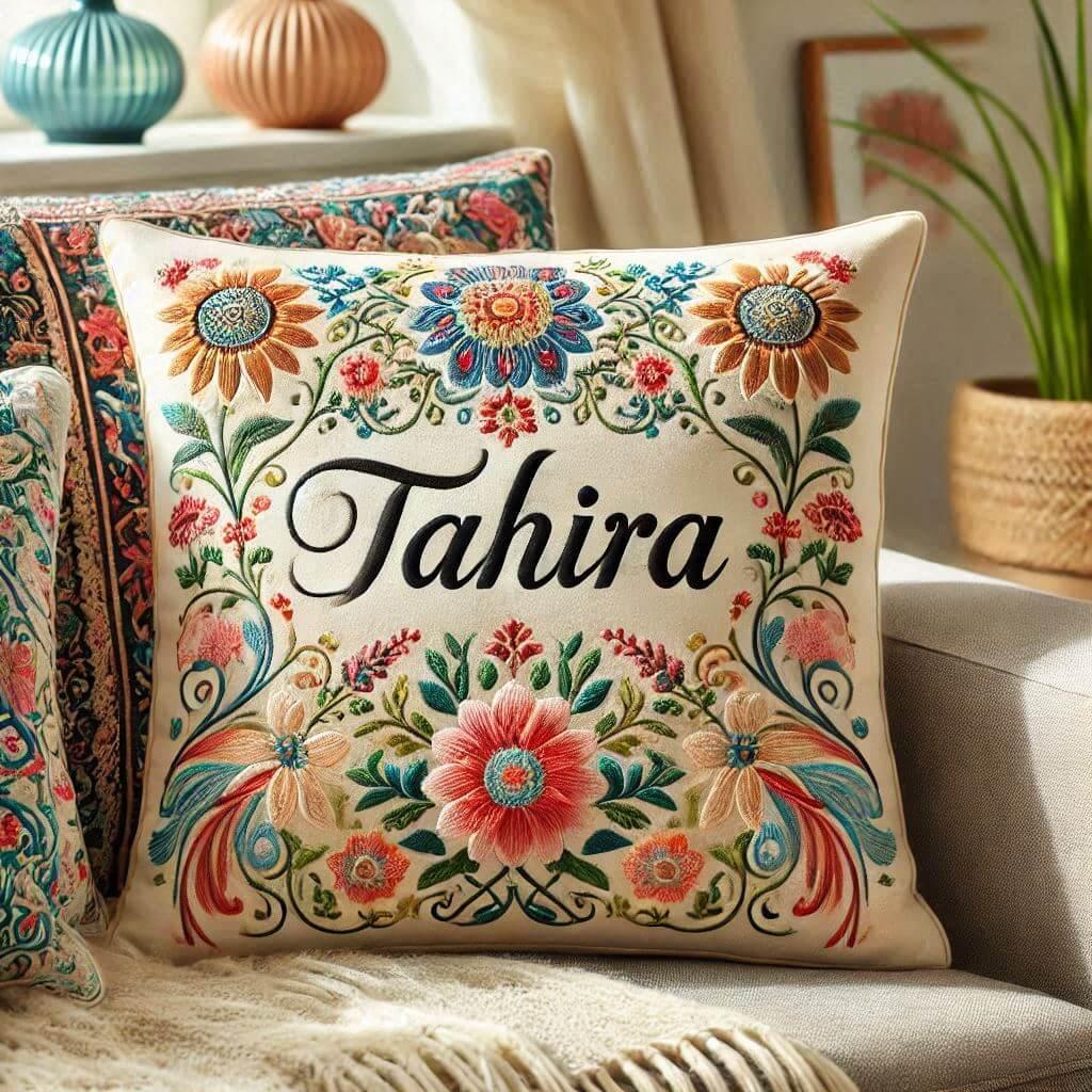 Realistic image of a personalized cushion with the name tahira