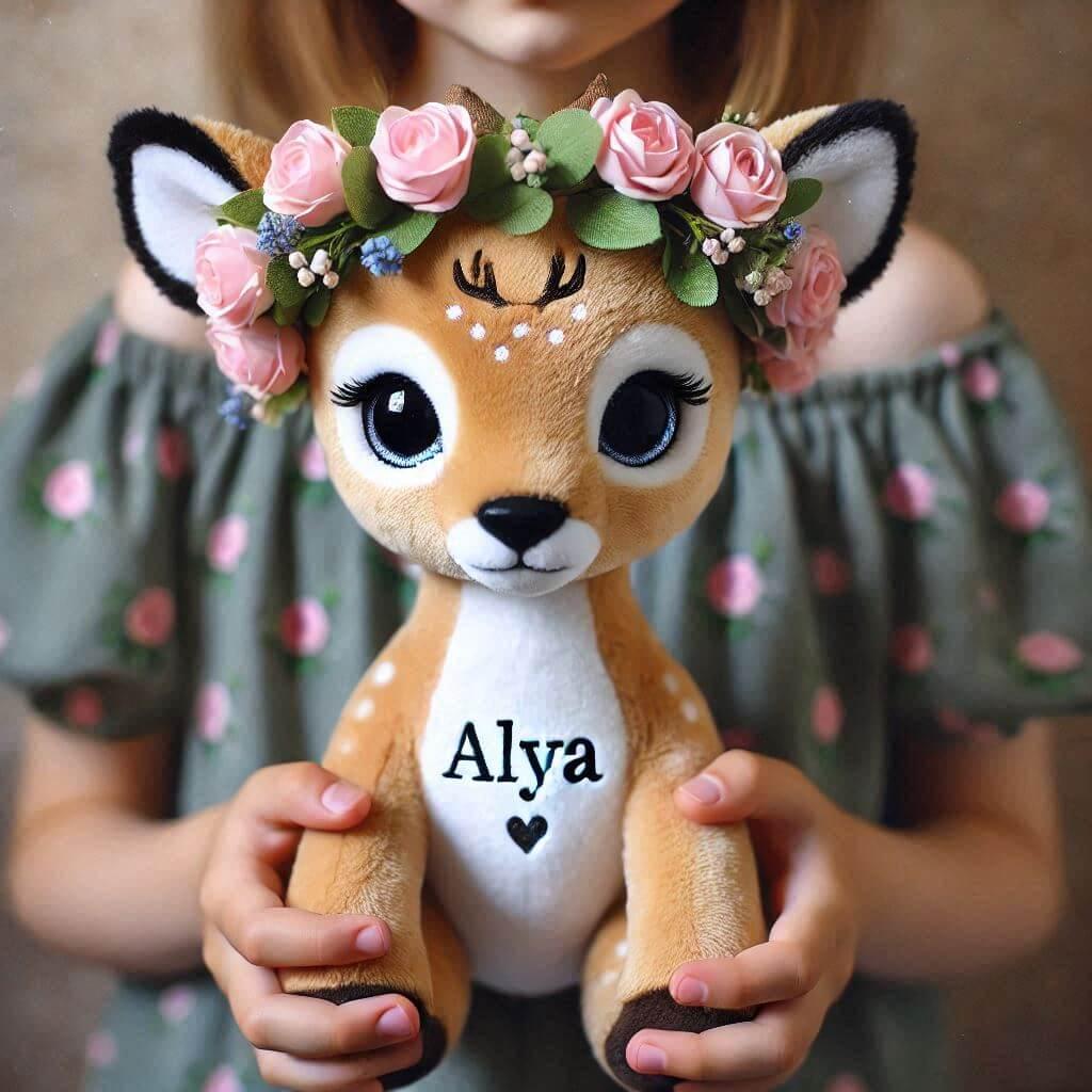 Realistic image of a personalized fawn plush with a flower crown named alya in the hands of a child