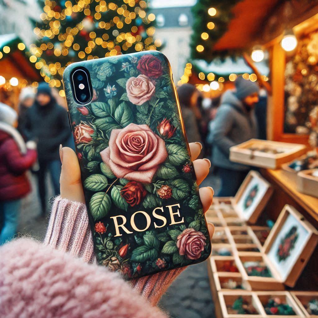 Realistic image of a personalized phone case with the name rose floral theme at the christmas market