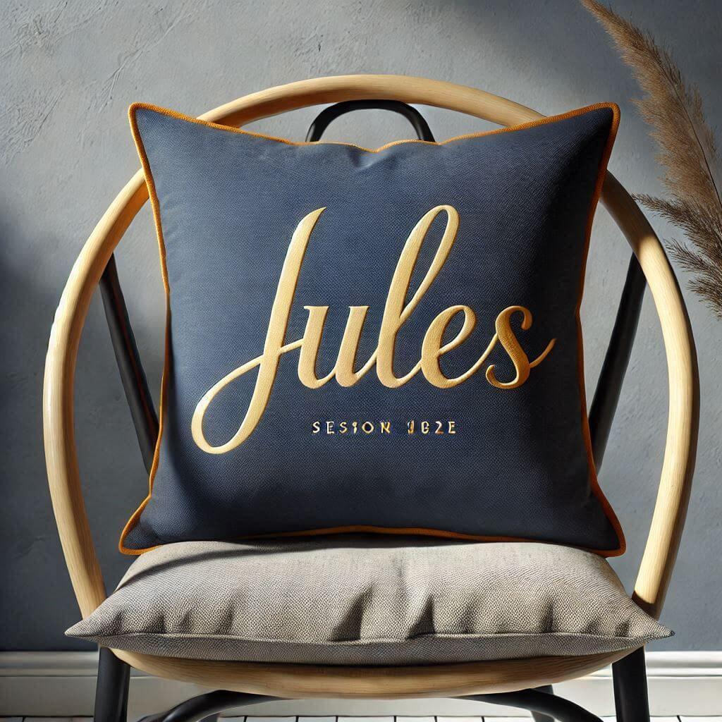 Realistic image of a personalized pillow navy blue and mustard with the name jules placed on a chair