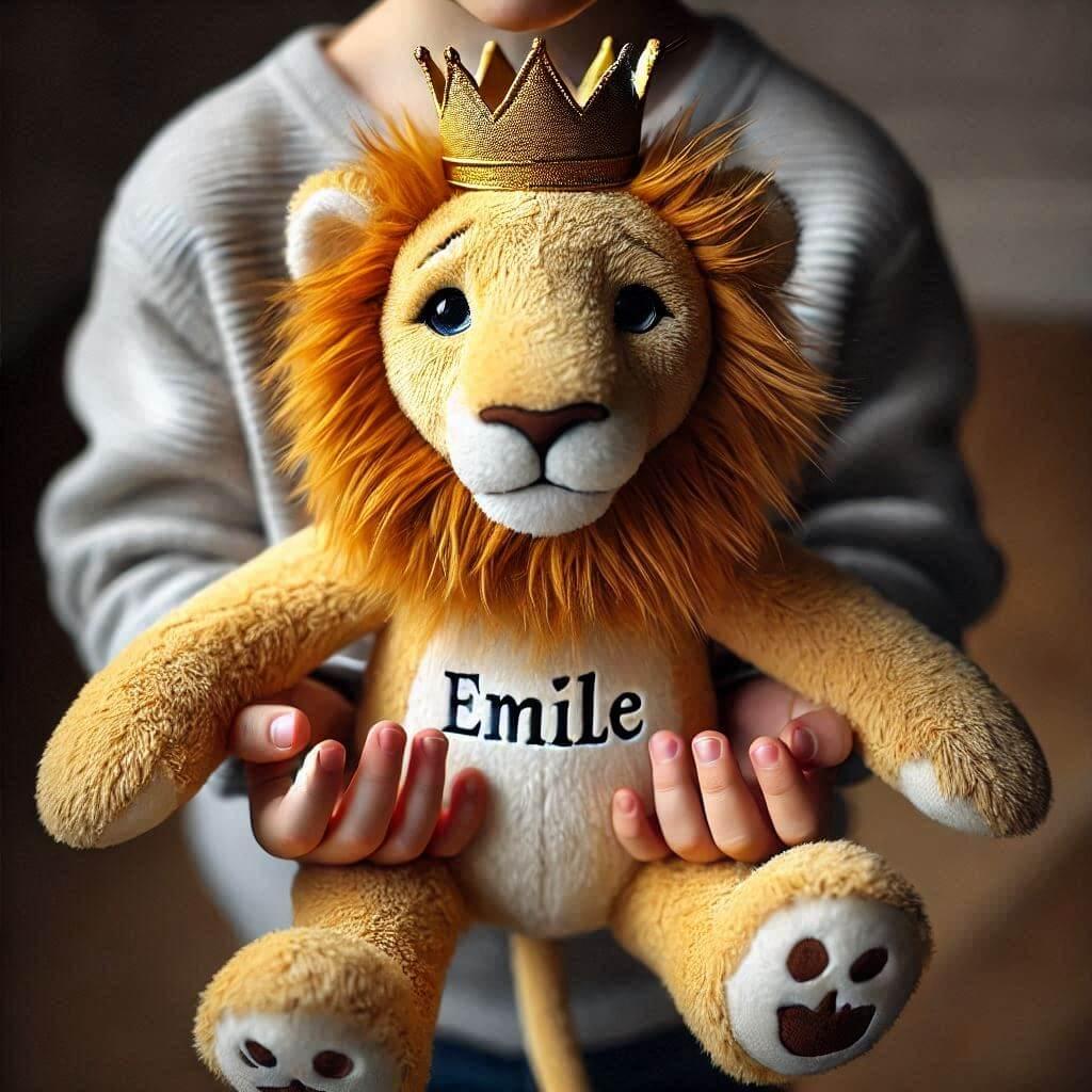 Peluche lion douce et personnalisée avec le prénom Emile brodé, idéale comme cadeau unique pour enfant ou décoration de chambre.