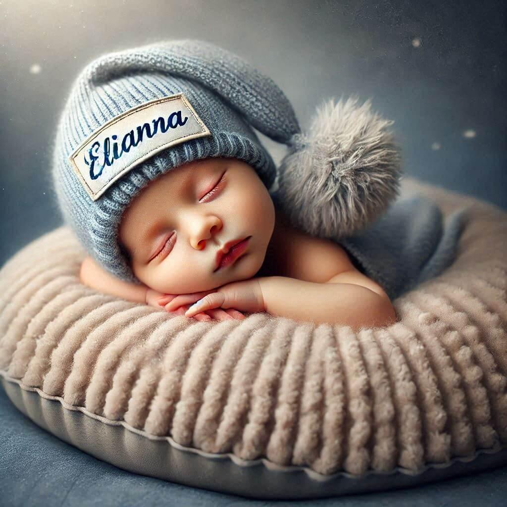 Realistic image of a sleeping baby with the name elianna on the hat sleeping on a large cushion professional photo