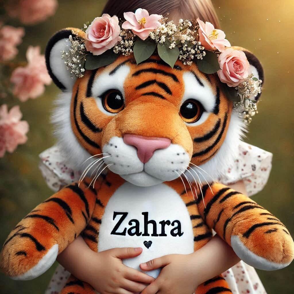 peluche tigre avec une couronne de fleurs personnalisée portant le prénom Zahra, tenue par une petite fille