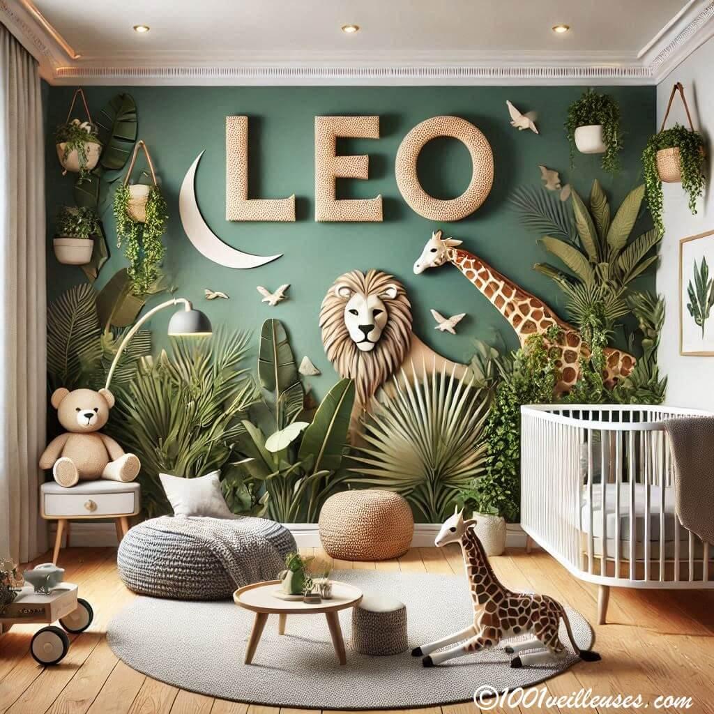 Realistic image of a unique baby room with the name leo jungle theme